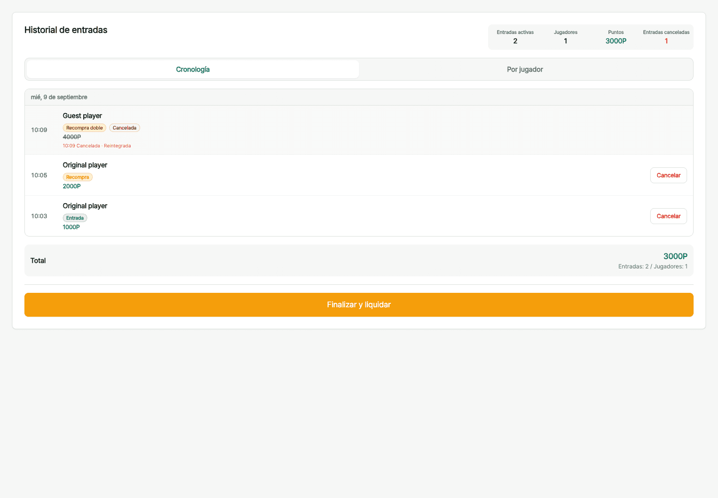 Historial cronológico de buy-ins, rebuys y dobles rebuys con controles de cancelación